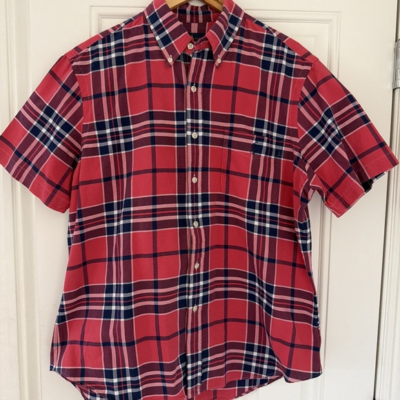 Ralph Lauren Tops - Ralph Lauren Red Blue Plaid L Oxford Shirt Button Up Short Sleeve Preppy Classic